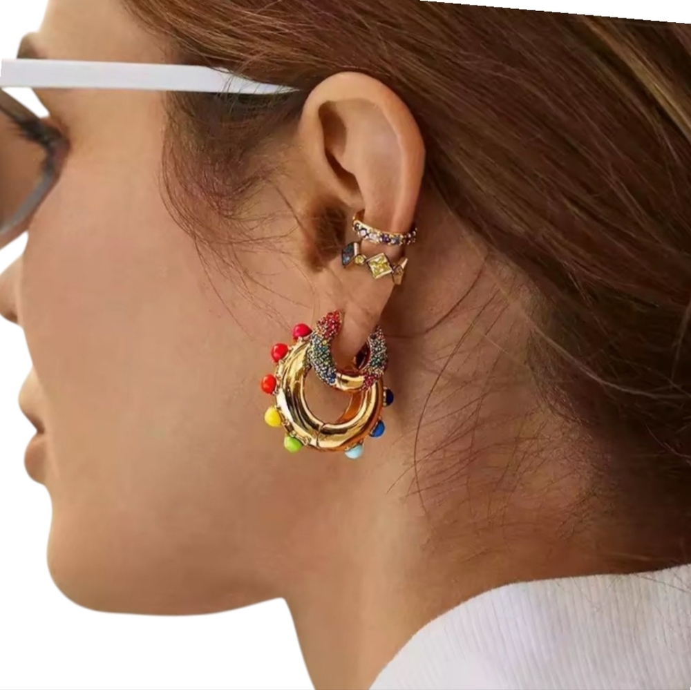 18k Gold Plated Rainbow Cabochon Hoop Earrings